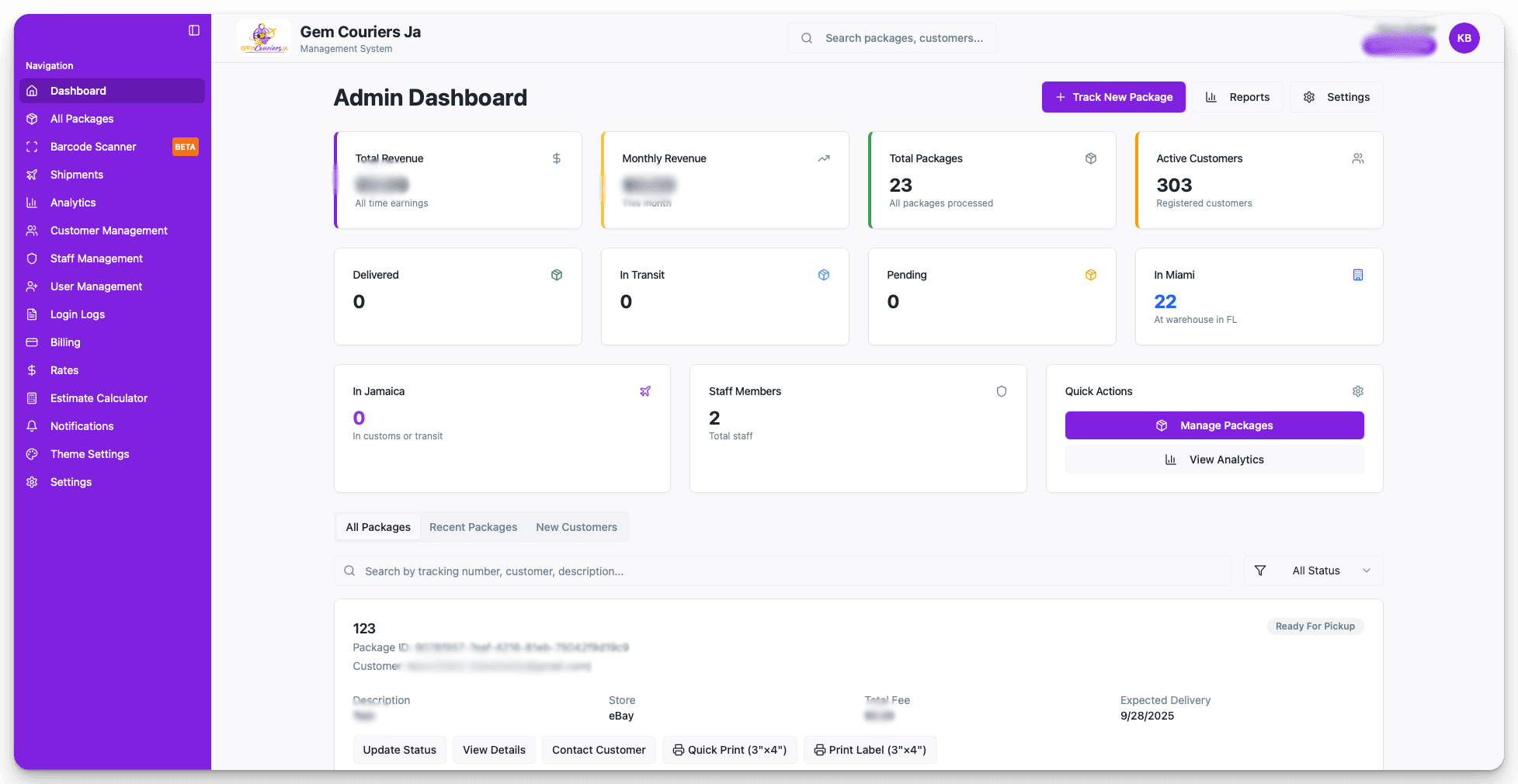 Carib Freight Core admin dashboard showing air freight flights and cargo metrics